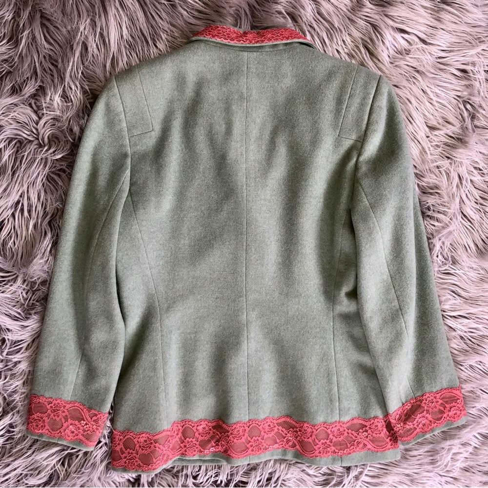 Upcycled Vintage Mint Green Wool Blend Coat with Coral Blooms and Lace, Size 10 - Picture 7 of 8